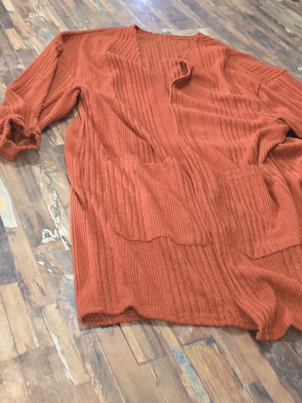 SHEIN Rust Orange Ribbed Open-Front Cardigan